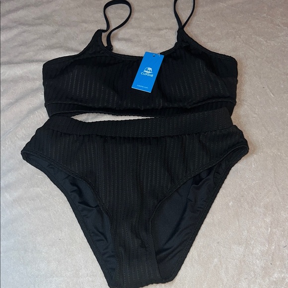 NWT Cupshe Black Ribbed Two-Piece Swimsuit - Picture 1 of 7
